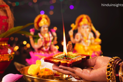 Devotees performing puja and aarti during a religious ceremony.