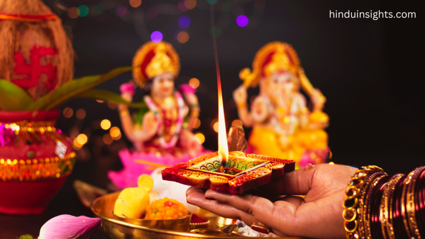 Devotees performing puja and aarti during a religious ceremony.